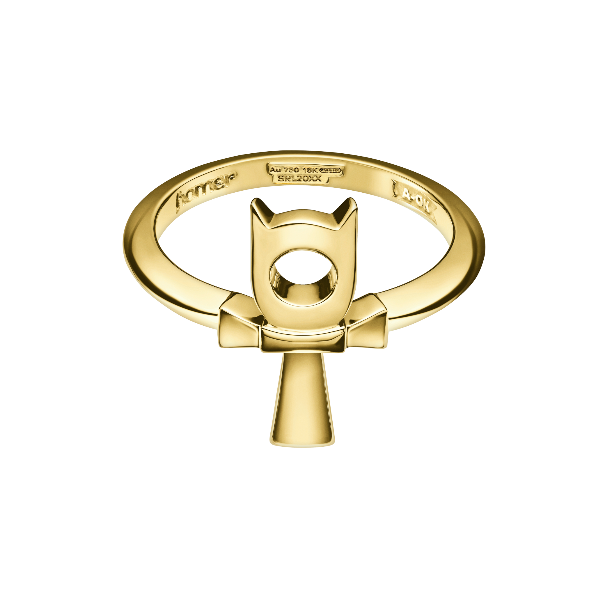 A detail of Horned Ankh Ring in Yellow Gold